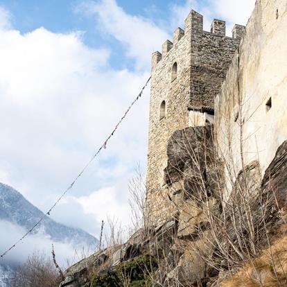 Juval Castle exterior view with Tibetan prayer flags of the Reinhold Messner Mountain Museum in South Tyrol